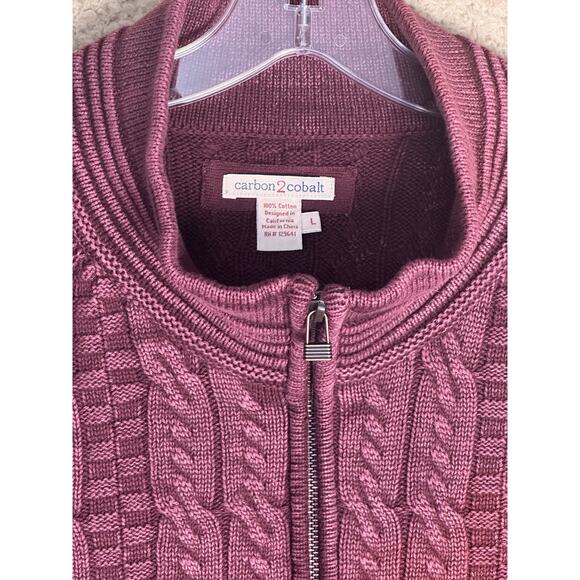 Carbon 2 Cobalt Burgundy Cable Knit Cotton 1/4 Zip Men Sz L Fisherman Sweater - Picture 4 of 15